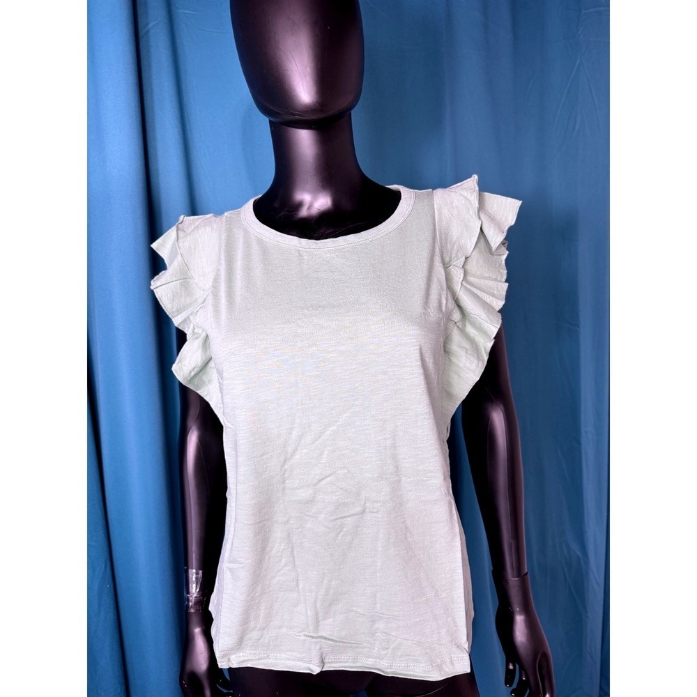 Candace Cameron Bure Willow Green Flutter Ruffle Sleeve Cotton Slub‎ Tee XXS